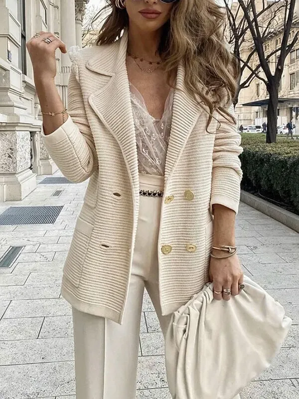 Airchics blazer coton double boutonnage avec poches col revers manches longues femme style tailleur
