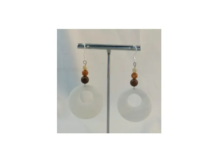 B.O. nacre blanche ronde, marron/orange/blanc