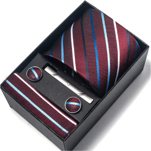 Coffret Cravate Rayures Rouge Bordeaux et Bleu CRV103