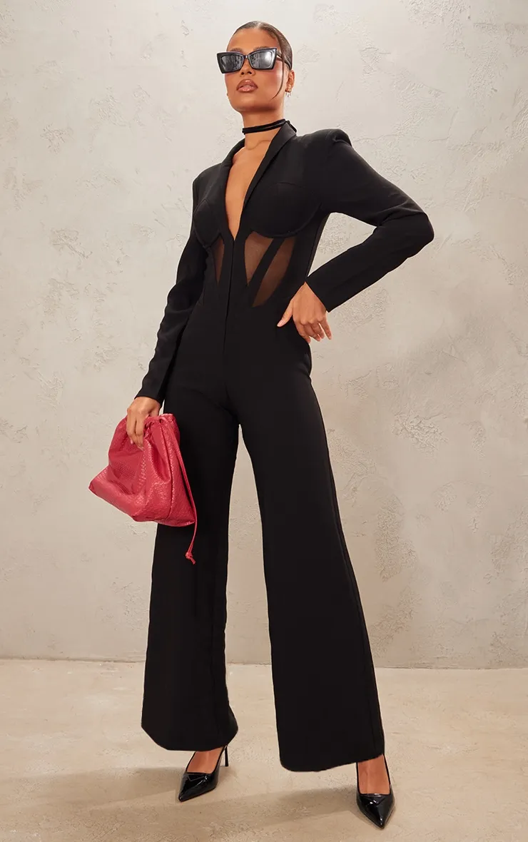Combinaison noire style tailleur à parties en mesh