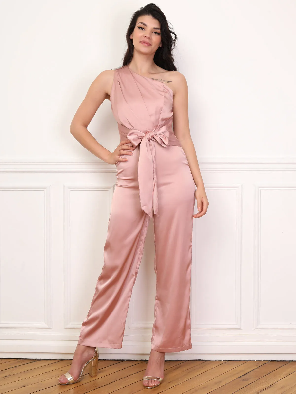 Combinaison satinée et asymétrique- Vieux rose