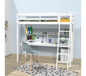 Lit Mezzanine Studio 90x190 + 1 Sommier + Caisson 3 Tiroirs + Bureau + Étagère / Blanc