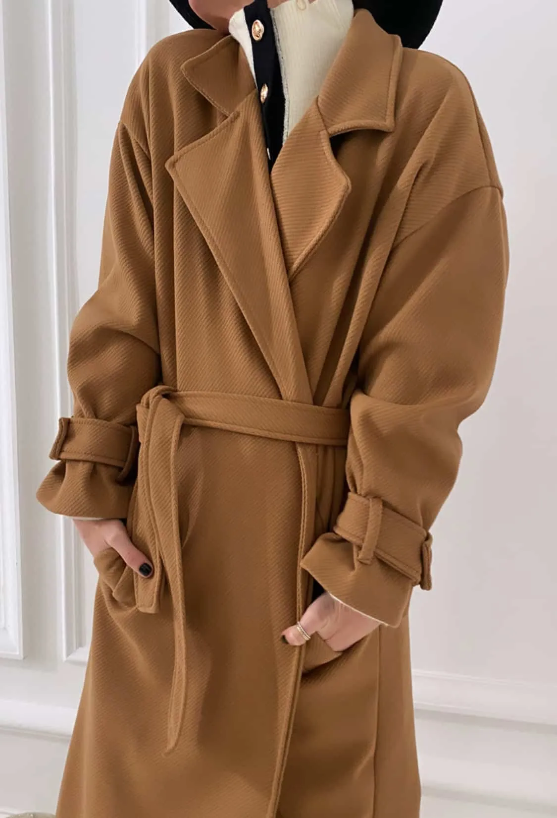 Manteau camel long avec ceinture
