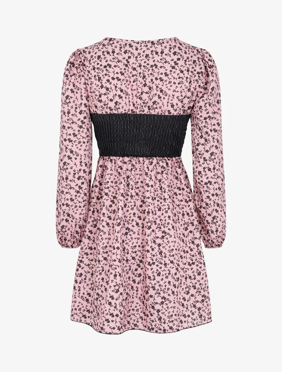 Robe à buste en simili et imprimé petites fleurs - Rose poudré