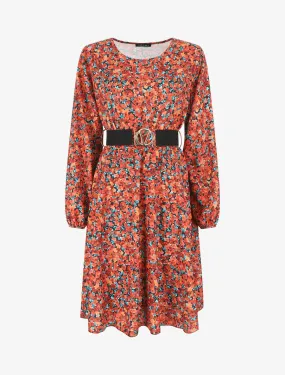 Robe mi-longue évasée imprimé fleuri - Orange