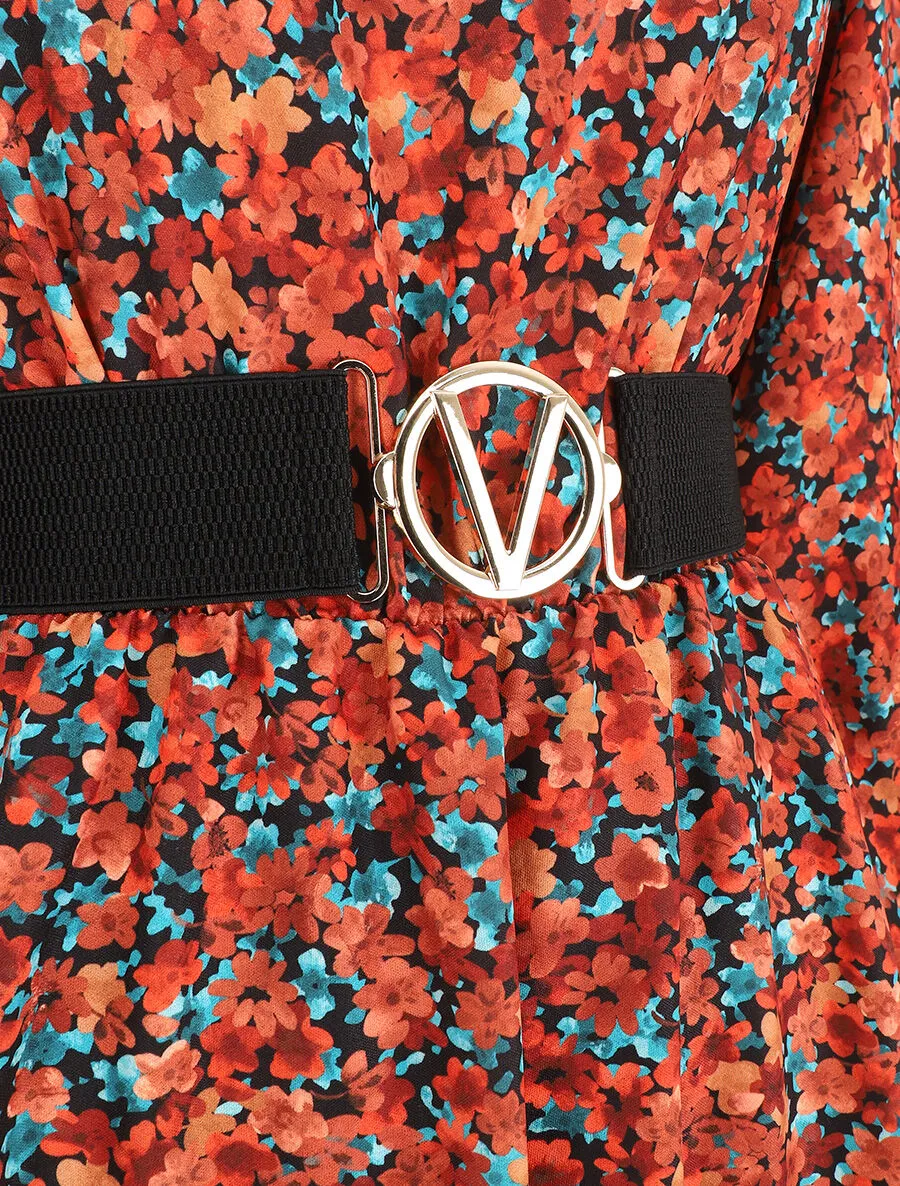 Robe mi-longue évasée imprimé fleuri - Orange