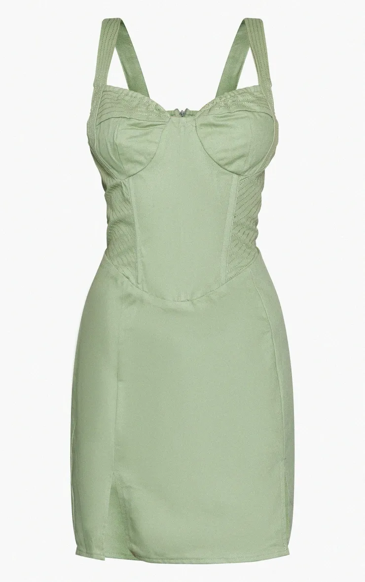 Robe moulante cargo vert sauge à détail corset et coutures contrastantes