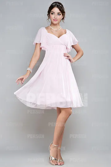 Robe rose empire pour mariage avec manche volants en mousseline