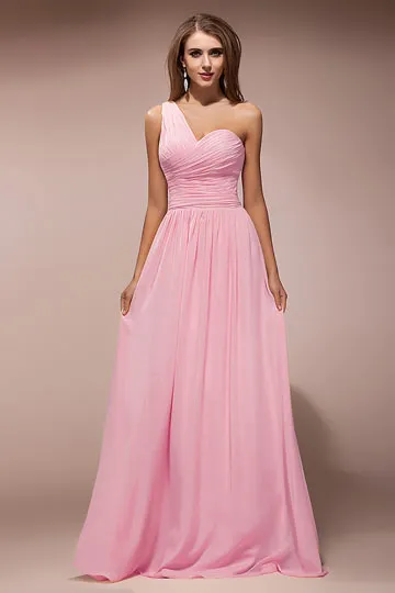 Robe rose témoin mariage longue asymétrique noeud papillon dans le dos en mousseline