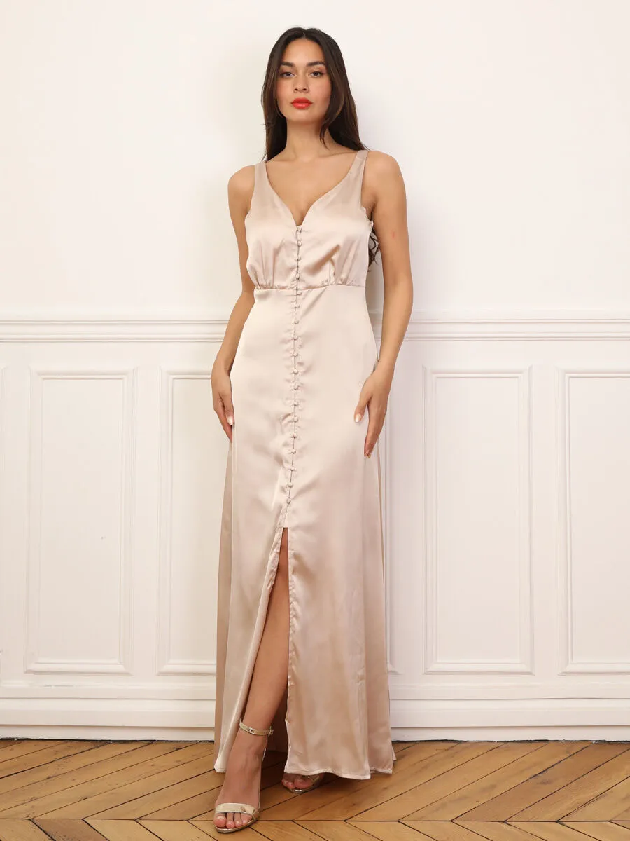Robe satinée fendue à boutons- Doré rose