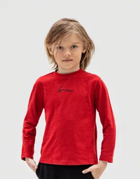 T-shirt rouge coton bio brodé devant visage dos garçon