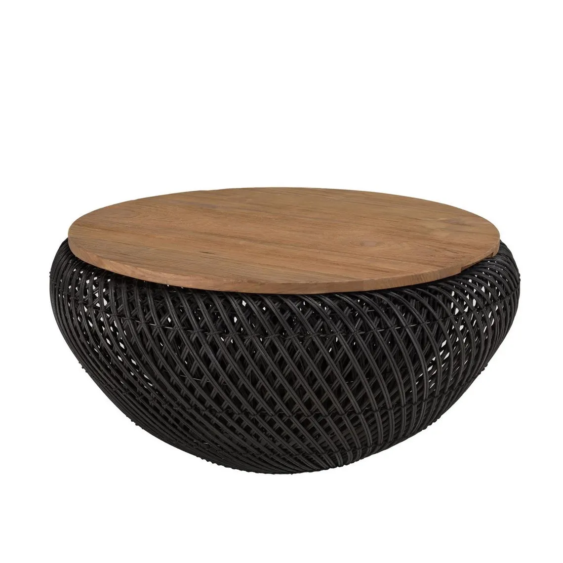 Table basse ronde 65x65cm en rotin noir plateau amovible  | 3 Suisses