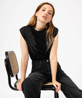 Tee-shirt à épaulettes avec studs sur l’avant femme noir