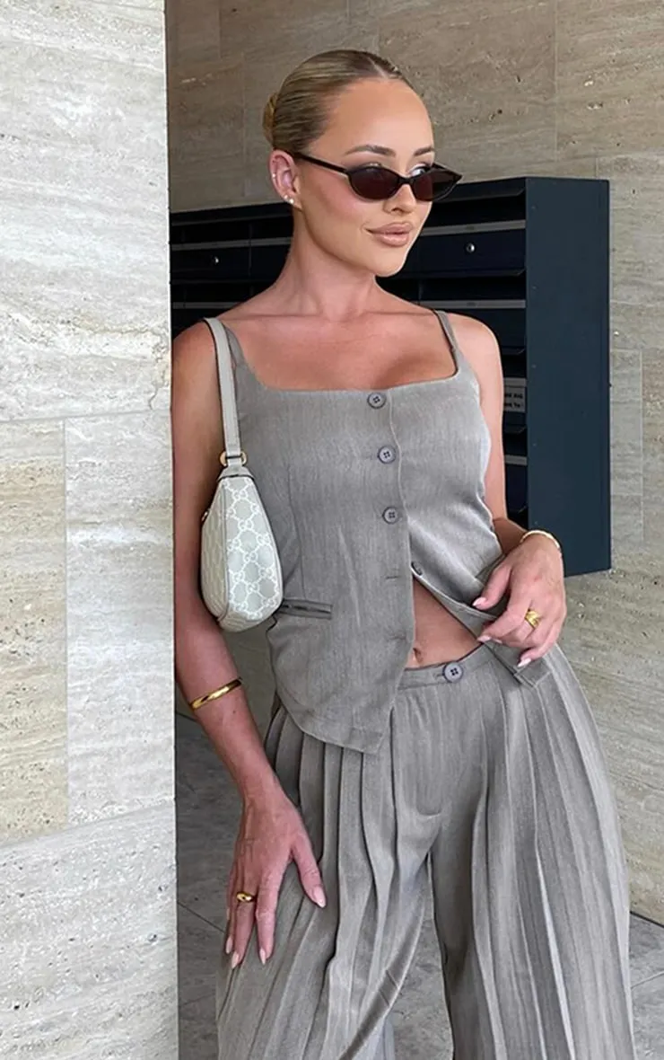 Top de tailleur taupe deluxe tissé à détail boutons