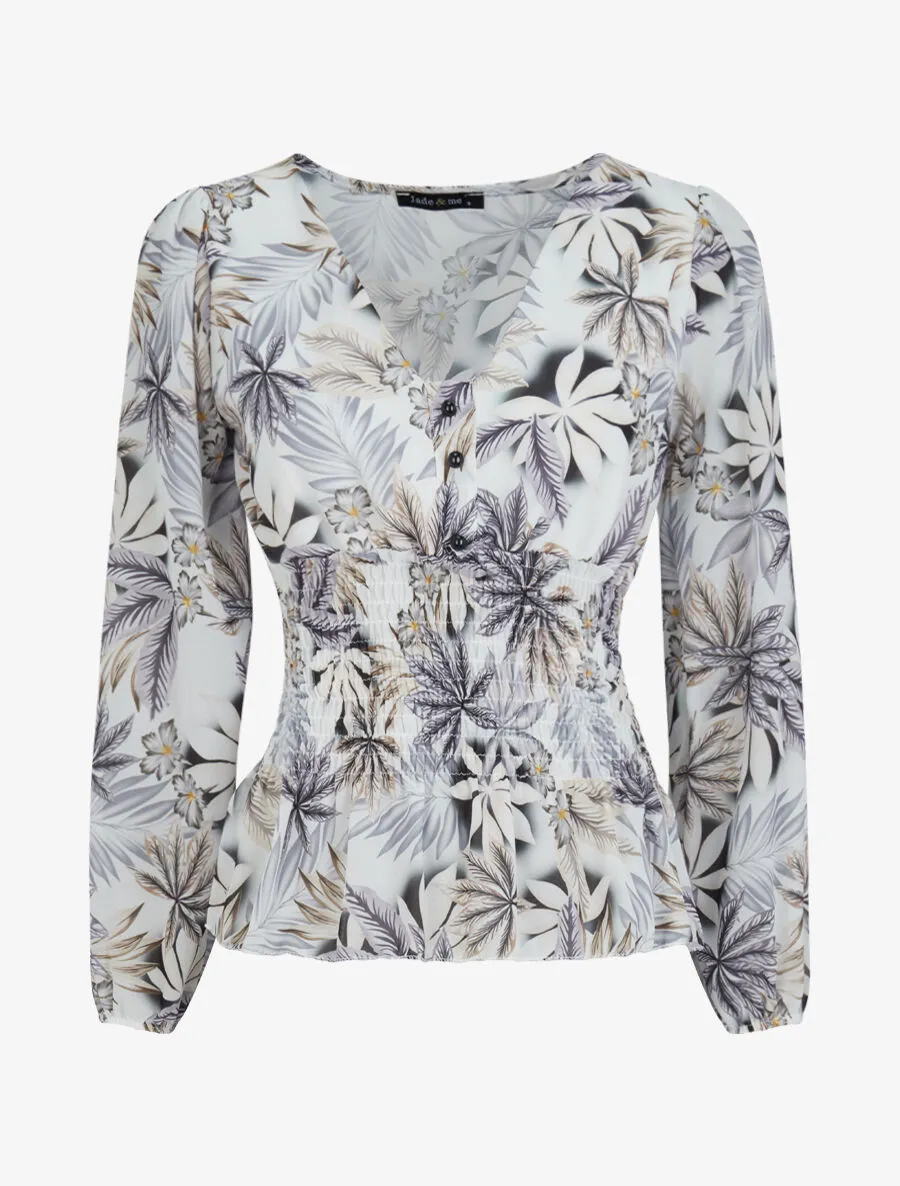 Top élastiqué imprimé tropical - Noir