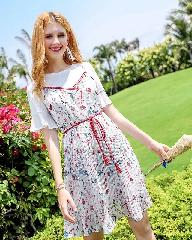 Trapeze 2018 Fleurie Robe Bretelle Robe Casual Midi Mousseline Blanche Tailleur Jupe Manche Courte Boheme Chic Ensembles